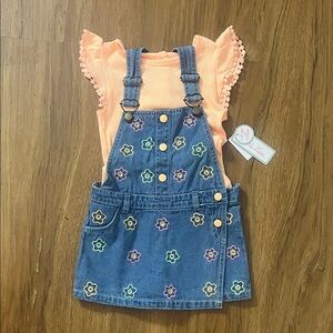 Little Lass Denim Overalls with Floral Embroidery - Blue and Peach